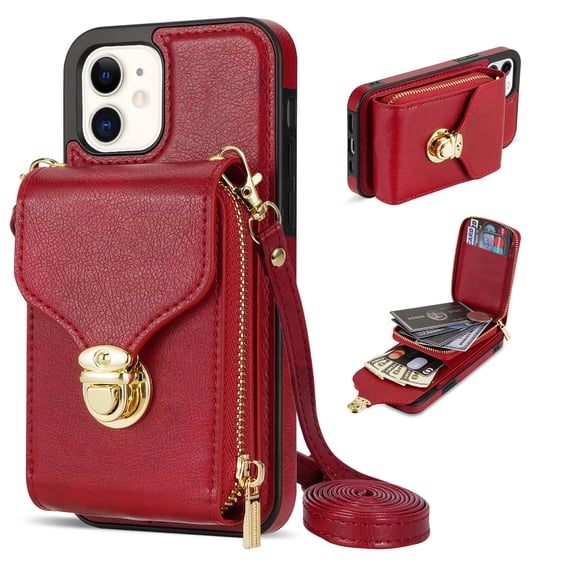 Nalacover Wallet Case for Apple iPhone 11,with Removable Adjustable Shoulder Strap,PU Leather Back Zipper Pocket Card Holder Stand Purse Shockproof Phone Case for Women Men,Red