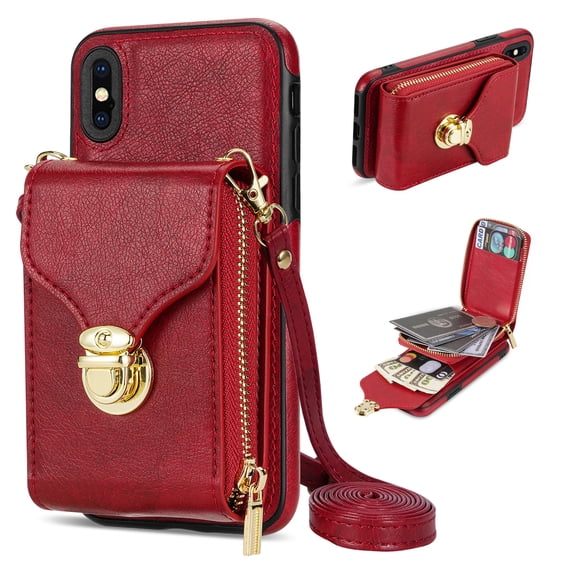 Nalacover Wallet Case for Apple iPhone XS Max,with Removable Adjustable Shoulder Strap,PU Leather Back Zipper Pocket Card Holder Stand Purse Shockproof Phone Case for Women Men,Red