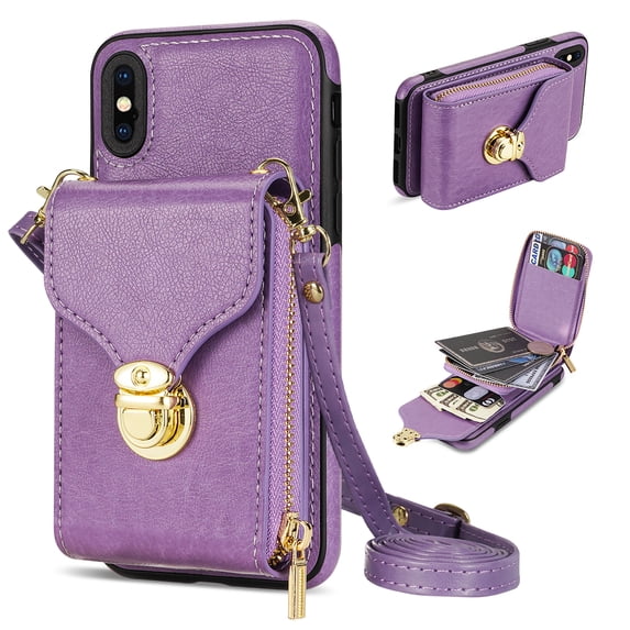 Nalacover Wallet Case for Apple iPhone XS Max,with Removable Adjustable Shoulder Strap,PU Leather Back Zipper Pocket Card Holder Stand Purse Shockproof Phone Case for Women Men,Purple