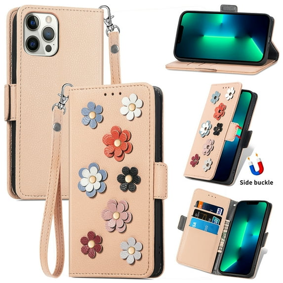 Nalacover Wallet Case For iPhone 13 Pro Max 6.7 inch,360 Protection Stylish 3D Flowers PU Leather and Soft TPU Shockproof Flip Card Slots Holder Cover with Detachable Wrist Strap.Khaki