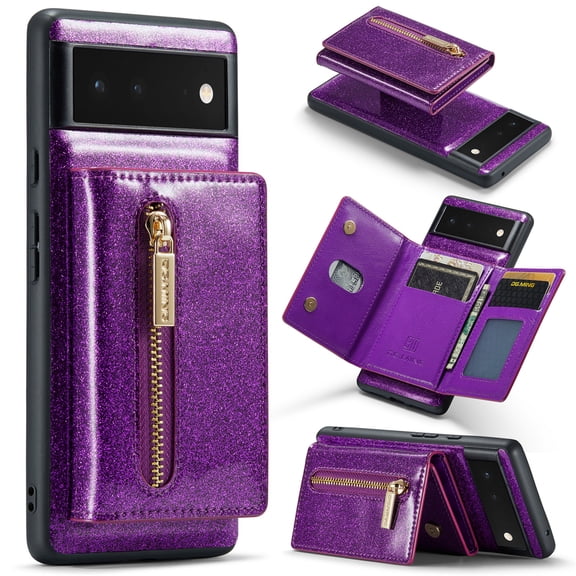 Nalacover Wallet Case for Google Pixel 6, 2 in 1 Design Zipper Pocket Luxury Shining PU Leather Cover with Card Slots Holder Magnetic Kickstand Shockproof Anti-Scratch Case,Darkpurple