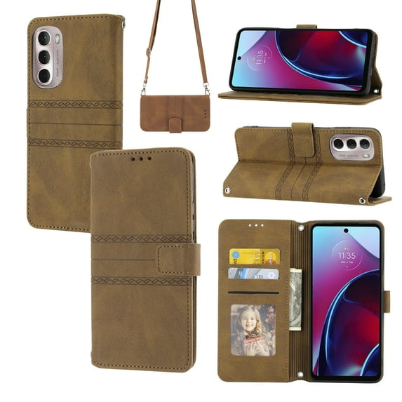 Nalacover Wallet Case for Motorola Moto G Stylus 5G 2022, PU Leather Shoulder Strap Lanyard Crossbody Flip Cover with Card Slots Magnetic Kickstand Shockproof Case, Brown