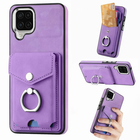 Nalacover Wallet Case for Samsung A12 4G, Premium Leather Case with Card Holder, 360°Rotation Ring Kickstand, RFID Blocking Protective Magnetic Back Clsoure Case for Samsung Galaxy A12 4G, Purple