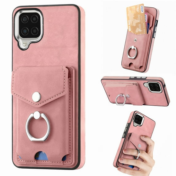 Nalacover Wallet Case for Samsung A22 4G, Premium Leather Case with Card Holder, 360°Rotation Ring Kickstand, RFID Blocking Protective Magnetic Back Clsoure Case for Samsung Galaxy A22 4G, Pink