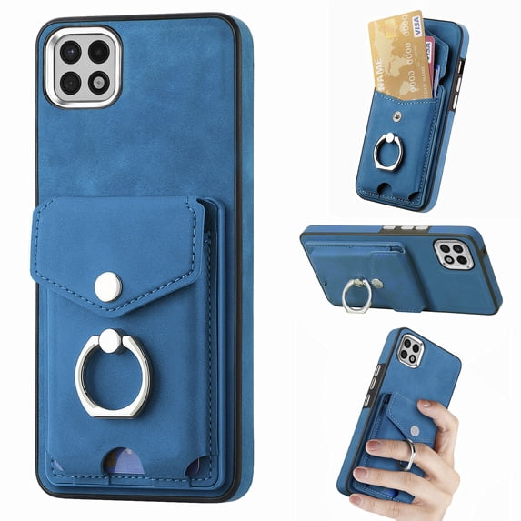 Nalacover Wallet Case for Samsung A22 5G, Premium Leather Case with Card Holder, 360°Rotation Ring Kickstand, RFID Blocking Protective Magnetic Back Clsoure Case for Samsung Galaxy A22 5G, Blue