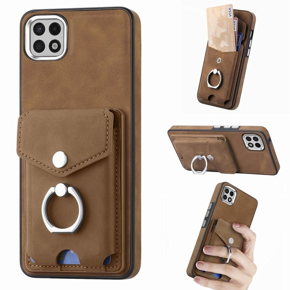 Nalacover Wallet Case for Samsung A22 5G, Premium Leather Case with Card Holder, 360°Rotation Ring Kickstand, RFID Blocking Protective Magnetic Back Clsoure Case for Samsung Galaxy A22 5G, Brown