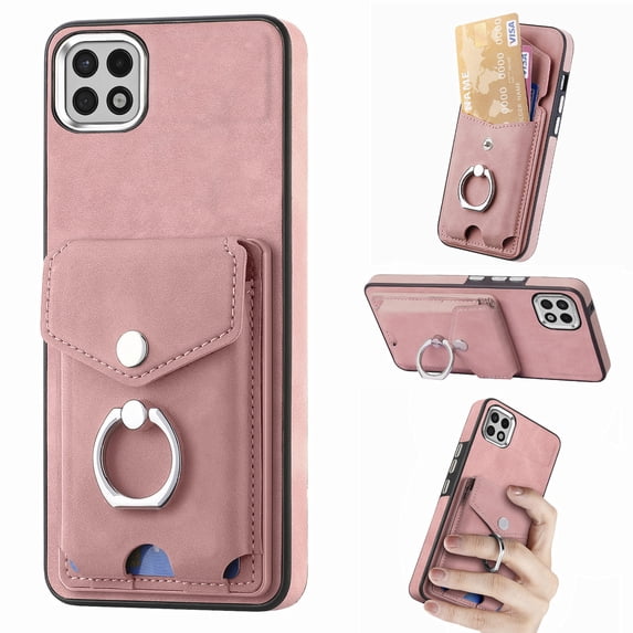 Nalacover Wallet Case for Samsung A22 5G, Premium Leather Case with Card Holder, 360°Rotation Ring Kickstand, RFID Blocking Protective Magnetic Back Clsoure Case for Samsung Galaxy A22 5G, Pink