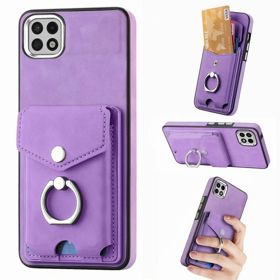 Nalacover Wallet Case for Samsung A22 5G, Premium Leather Case with Card Holder, 360°Rotation Ring Kickstand, RFID Blocking Protective Magnetic Back Clsoure Case for Samsung Galaxy A22 5G, Purple