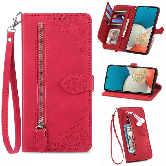 Nalacover Wallet Case for Samsung Galaxy A04E, Embossed Pattern Design Zipper Pocket Handbag Wrist Strap Premium PU Leather Flip Cover with Card Slots Holder Magnetic Clasp Kickstand Case,Red