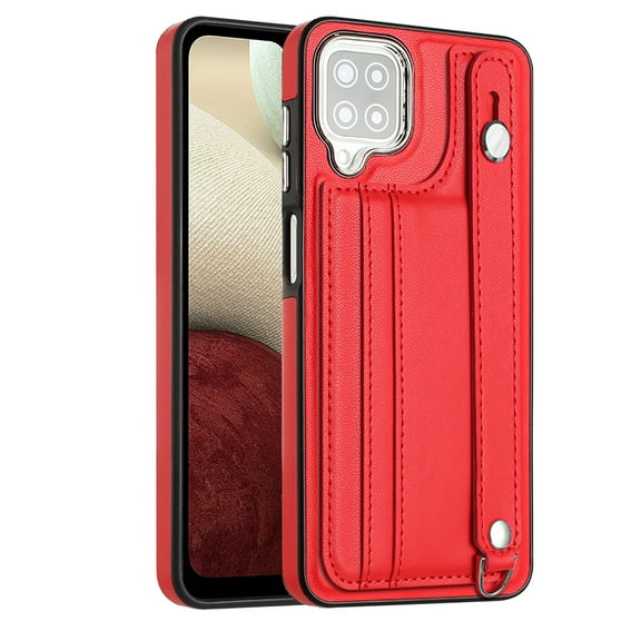Nalacover Wallet Case for Samsung Galaxy A12, Business PU Leather Unique Design Wristband Kickstand Credit Card Holder Slots Shockproof Scratch Resistant Phone Case for Samsung Galaxy A12,Red