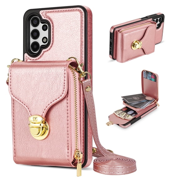 Nalacover Wallet Case for Samsung Galaxy A13 4G,with Removable Adjustable Shoulder Strap,PU Leather Back Zipper Pocket Card Holder Stand Purse Shockproof Phone Case for Women Men,Rosegold