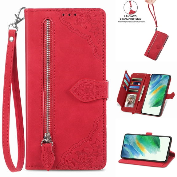 Nalacover Wallet Case for Samsung Galaxy A13 5G, Embossed Pattern Design Zipper Pocket Handbag Wrist Strap Premium PU Leather Flip Cover with Card Slots Holder Magnetic Clasp Kickstand Case,Red
