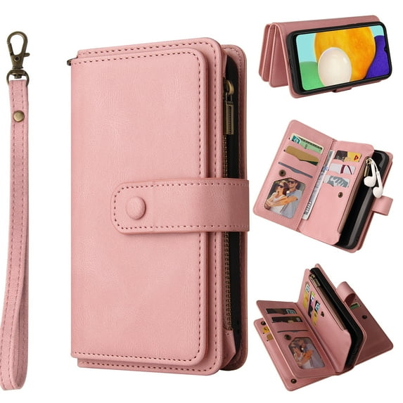 Nalacover Wallet Case for Samsung Galaxy A14 5G, [15 Card Slots] [Zipper Pocket] Vintage PU Leather Flip Folio Cover with Magnetic [Wrist Strap] [Kickstand] Skin-Feeling Shockproof Case, Pink