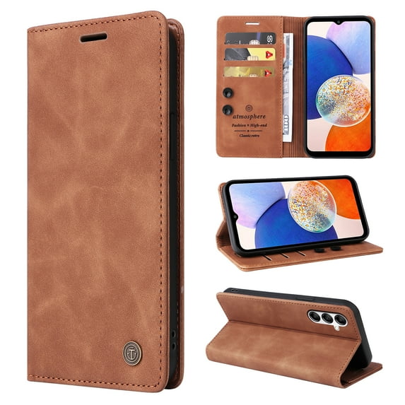 Nalacover Wallet Case for Samsung Galaxy A14 5G - Flip Purse Case with Card Holder Kickstand Suction Cup, Premium Business PU Leather Shockproof Phone Cover for Samsung Galaxy A14 5G - Brown