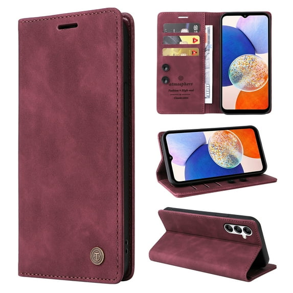 Nalacover Wallet Case for Samsung Galaxy A14 5G - Flip Purse Case with Card Holder Kickstand Suction Cup, Premium Business PU Leather Shockproof Phone Cover for Samsung Galaxy A14 5G - Red