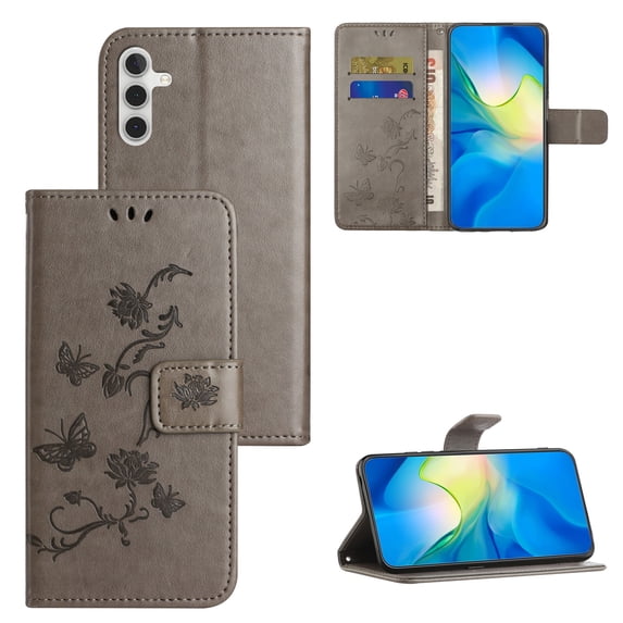 Nalacover Wallet Case for Samsung Galaxy A14 5G, Stylish Flowers Embossed Pattern Premium PU Leather Flip Folio Cover with Card Slots Holder Magnetic Clasp Kickstand Soft TPU Anti-Drop Case,Gray