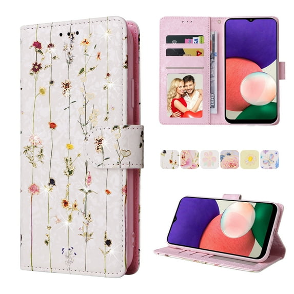 Nalacover Wallet Case for Samsung Galaxy A22 5G, Bling Flower Pattern PU Leather Wrist Strap Handbag Magnetic Clasp Flip Cover with Kickstand Card Slots Holder Soft TPU Shockproof Case,Dried Flowers