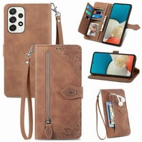 Nalacover Wallet Case for Samsung Galaxy A23 5G, Embossed Pattern Design Zipper Pocket Handbag Wrist Strap Premium PU Leather Flip Cover with Card Slots Holder Magnetic Clasp Kickstand Case,Brown
