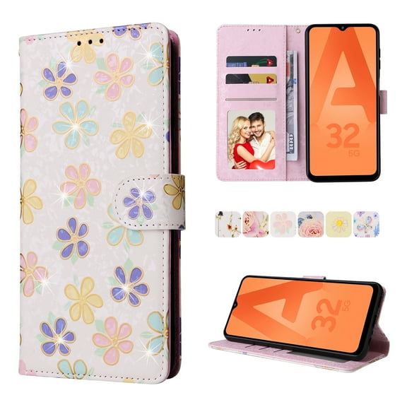 Nalacover Wallet Case for Samsung Galaxy A32 5G, Bling Flower Pattern PU Leather Wrist Strap Handbag Magnetic Clasp Flip Cover with Kickstand Card Slot Holder Soft TPU Shockproof Case,Small Flowers