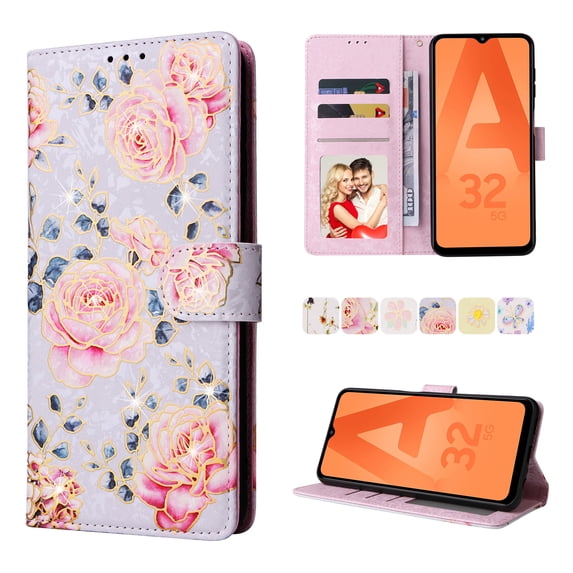Nalacover Wallet Case for Samsung Galaxy A32 5G, Bling Flower Pattern PU Leather Wrist Strap Handbag Magnetic Clasp Flip Cover with Kickstand Card Slot Holder Soft TPU Shockproof Case,Pink Rose