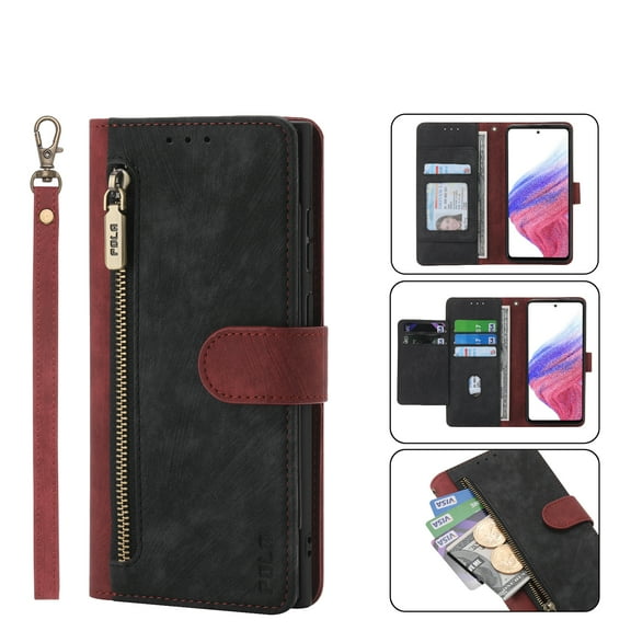 Nalacover Wallet Case for Samsung Galaxy A32 5G, [RFID Blocking] [Card Slots Holder] [Zipper Pocket] PU Leather Flip Folio Cover with Kickstand Magnetic Clasp Wrist Strap Case Men Women,Red