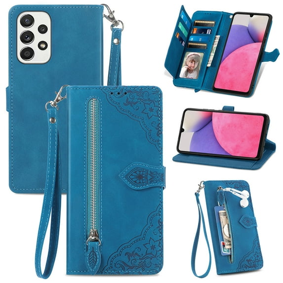 Nalacover Wallet Case for Samsung Galaxy A34 5G, Embossed Pattern Design Zipper Pocket Handbag Wrist Strap Premium PU Leather Flip Cover with Card Slots Holder Magnetic Clasp Kickstand Case, Blue