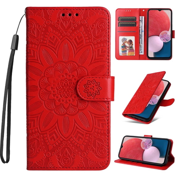 Nalacover Wallet Case for Samsung Galaxy A34 5G, Exquisite Flower Embossed Pattern Magnetic Clasp PU Leather Flip Folio Cover with Kickstand Card Slots Holder Soft Silicone Shockproof Case,Red