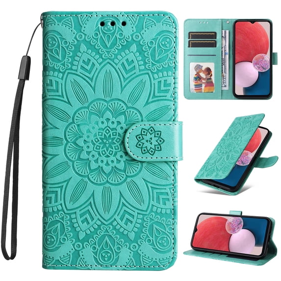 Nalacover Wallet Case for Samsung Galaxy A34 5G, Exquisite Flower Embossed Pattern Magnetic Clasp PU Leather Flip Folio Cover with Kickstand Card Slots Holder Soft Silicone Shockproof Case,Green