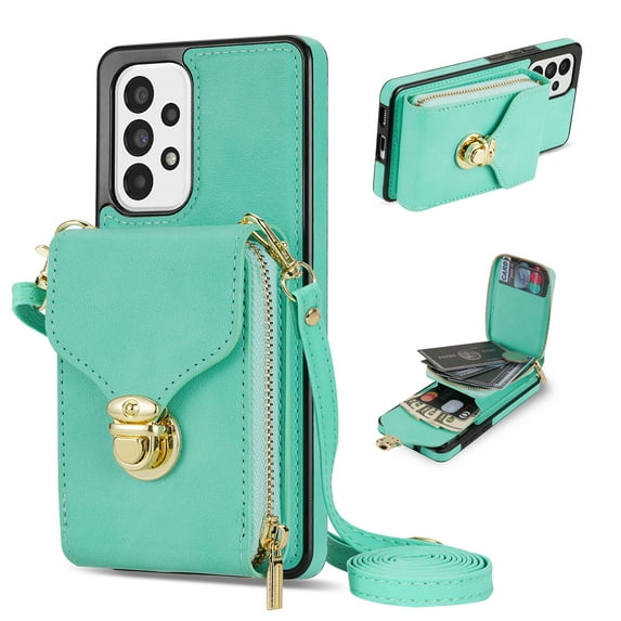 Nalacover Wallet Case for Samsung Galaxy A53 5G,with Removable Adjustable Shoulder Strap,PU Leather Back Zipper Pocket Card Holder Stand Purse Shockproof Phone Case for Women Men,Mint
