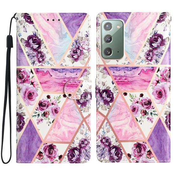 Nalacover Wallet Case for Samsung Galaxy Note 20 with Painting Pattern PU Leather Magnetic Kickstand Flip Folio Cover, Card Slots Holder Soft Silicone Shockproof Protective Case, Purple Flower