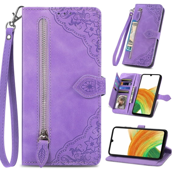 Nalacover Wallet Case for Samsung Galaxy Note 20 Ultra, Embossed Pattern Design Zipper Pocket Handbag Wrist Strap Premium PU Leather Cover with Card Slots Holder Magnetic Clasp Kickstand Case, Purple