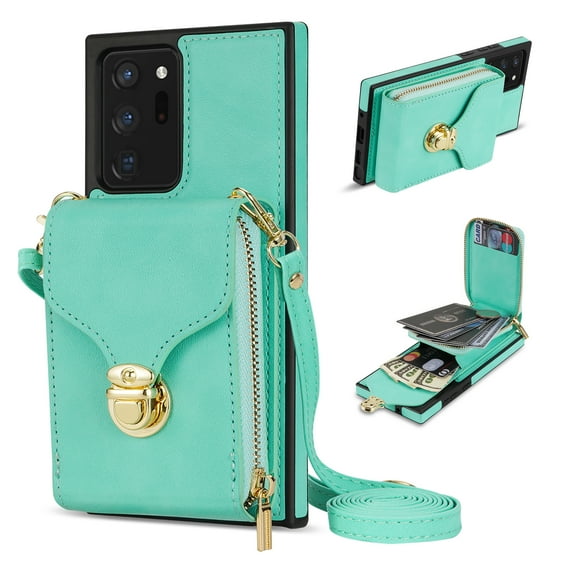 Nalacover Wallet Case for Samsung Galaxy Note20 Ultra,with Removable Adjustable Shoulder Strap,PU Leather Back Zipper Pocket Card Holder Stand Purse Shockproof Phone Case for Women Men,Mint