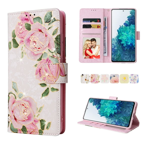 Nalacover Wallet Case for Samsung Galaxy S20 FE, Flower Pattern PU Leather Wrist Strap Handbag Magnetic Clasp Flip Cover with Kickstand Card Slots Holder Soft TPU Shockproof Case,Rose Flower