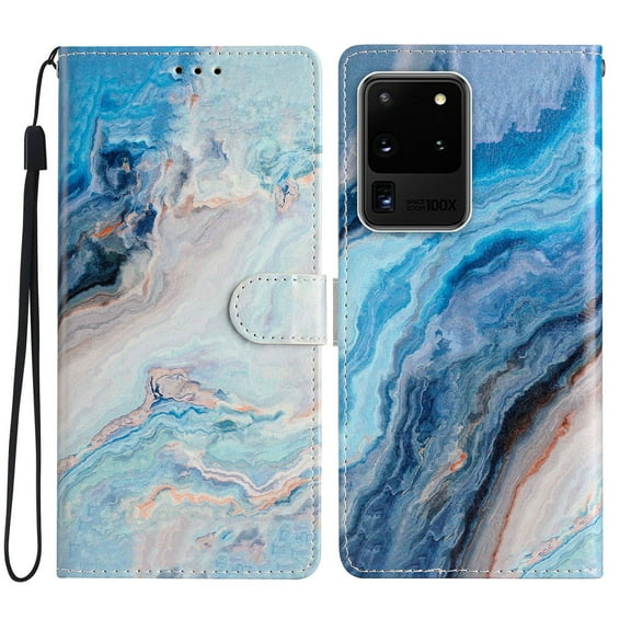 Nalacover Wallet Case for Samsung Galaxy S20 Ultra with Painting Pattern PU Leather Magnetic Kickstand Flip Folio Cover, Card Slots Holder Soft Silicone Shockproof Protective Case, Blue Marble
