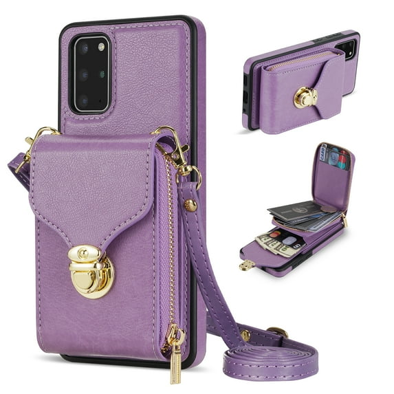 Nalacover Wallet Case for Samsung Galaxy S20,with Removable Adjustable Shoulder Strap,PU Leather Back Zipper Pocket Card Holder Stand Purse Shockproof Phone Case for Women Men,Purple