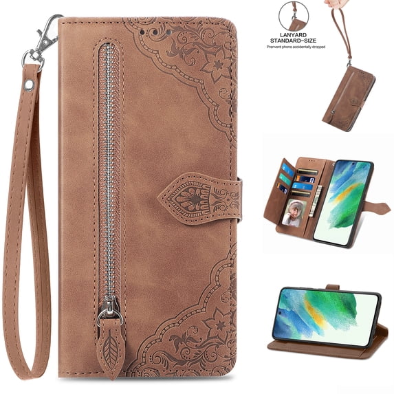 Nalacover Wallet Case for Samsung Galaxy S21 FE, Embossed Pattern Design Zipper Pocket Handbag Wrist Strap Premium PU Leather Flip Cover with Card Slots Holder Magnetic Clasp Kickstand Case,Brown