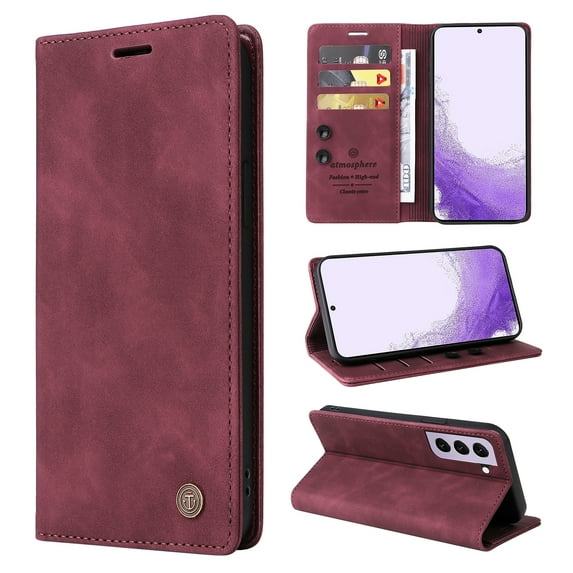 Nalacover Wallet Case for Samsung Galaxy S21 FE - Flip Purse Case with Card Holder Kickstand Suction Cup, Premium Business PU Leather Shockproof Phone Cover for Samsung Galaxy S21 FE - Red