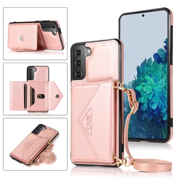 Nalacover Wallet Case for Samsung Galaxy S21 FE,Luxury PU Leather + Soft TPU Magnetic Clasp Flip Credit Card Slots Kickstand Back Cover with Detachable Crossbody Lanyard Strap.Rosegold