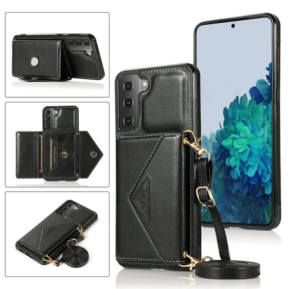 Nalacover Wallet Case for Samsung Galaxy S21 FE,Luxury PU Leather + Soft TPU Magnetic Clasp Flip Credit Card Slots Kickstand Back Cover with Detachable Crossbody Lanyard Strap.Black