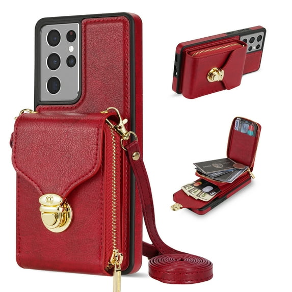 Nalacover Wallet Case for Samsung Galaxy S21 Ultra,with Removable Adjustable Shoulder Strap,PU Leather Back Zipper Pocket Card Holder Stand Purse Shockproof Phone Case for Women Men,Red