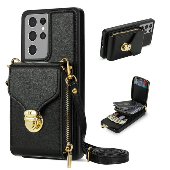 Nalacover Wallet Case for Samsung Galaxy S21 Ultra,with Removable Adjustable Shoulder Strap,PU Leather Back Zipper Pocket Card Holder Stand Purse Shockproof Phone Case for Women Men,Black