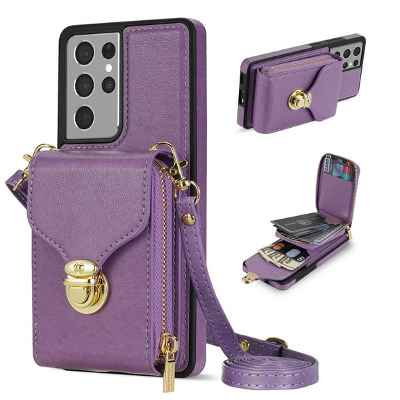Nalacover Wallet Case for Samsung Galaxy S21 Ultra,with Removable Adjustable Shoulder Strap,PU Leather Back Zipper Pocket Card Holder Stand Purse Shockproof Phone Case for Women Men,Purple