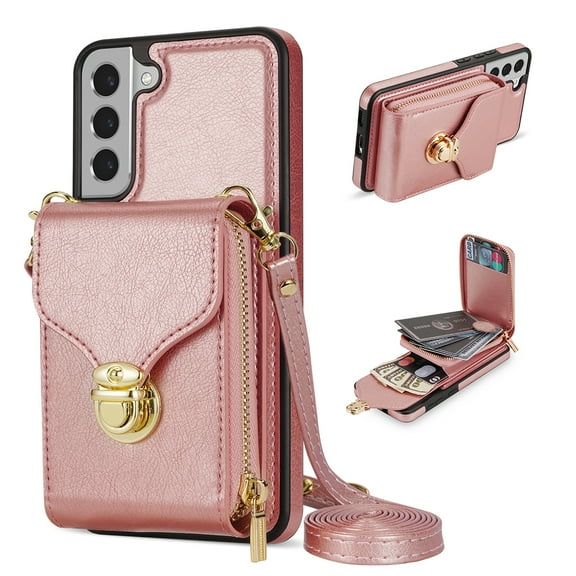 Nalacover Wallet Case for Samsung Galaxy S21,with Removable Adjustable Shoulder Strap,PU Leather Back Zipper Pocket Card Holder Stand Purse Shockproof Phone Case for Women Men,Rosegold