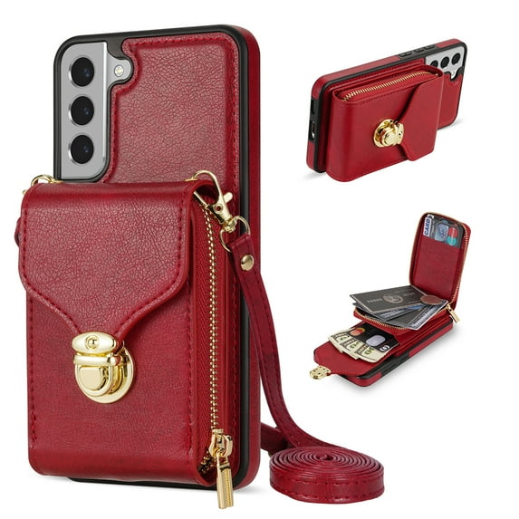 Nalacover Wallet Case for Samsung Galaxy S21+,with Removable Adjustable Shoulder Strap,PU Leather Back Zipper Pocket Card Holder Stand Purse Shockproof Phone Case for Women Men,Red