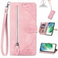 thumbnail image 1 of Nalacover Wallet Case for Samsung Galaxy S22, Embossed Pattern Design Zipper Pocket Handbag Wrist Strap Premium PU Leather Flip Cover with Card Slots Holder Magnetic Clasp Kickstand Case,Pink, 1 of 11