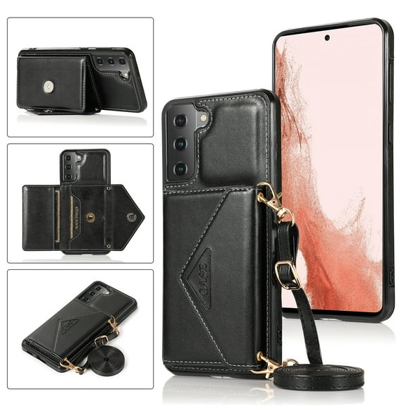 Nalacover Wallet Case for Samsung Galaxy S22,Luxury PU Leather+Soft TPU Magnetic Clasp Flip Credit Card Slots Kickstand Back Cover with Detachable Crossbody Lanyard Strap.Black