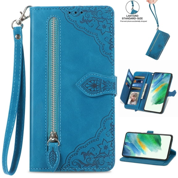 Nalacover Wallet Case for Samsung Galaxy S22 Plus, Embossed Pattern Design Zipper Pocket Handbag Wrist Strap Premium PU Leather Flip Cover with Card Slots Holder Magnetic Clasp Kickstand Case,Blue
