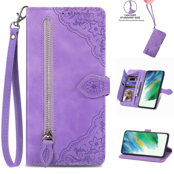 Nalacover Wallet Case for Samsung Galaxy S22 Plus, Embossed Pattern Design Zipper Pocket Handbag Wrist Strap Premium PU Leather Flip Cover with Card Slots Holder Magnetic Clasp Kickstand Case,Purple