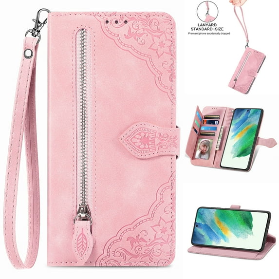 Nalacover Wallet Case for Samsung Galaxy S22 Plus, Embossed Pattern Design Zipper Pocket Handbag Wrist Strap Premium PU Leather Flip Cover with Card Slots Holder Magnetic Clasp Kickstand Case,Pink