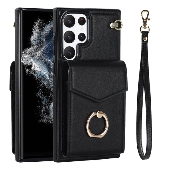Nalacover Wallet Case for Samsung Galaxy S22 Ultra, Back Card Slots Magnetic Button Ring Holder Stand Cover with RFID Blocking Wrist Hand Strap Luxury PU Leather Anti-Shocks Protective Case,Black